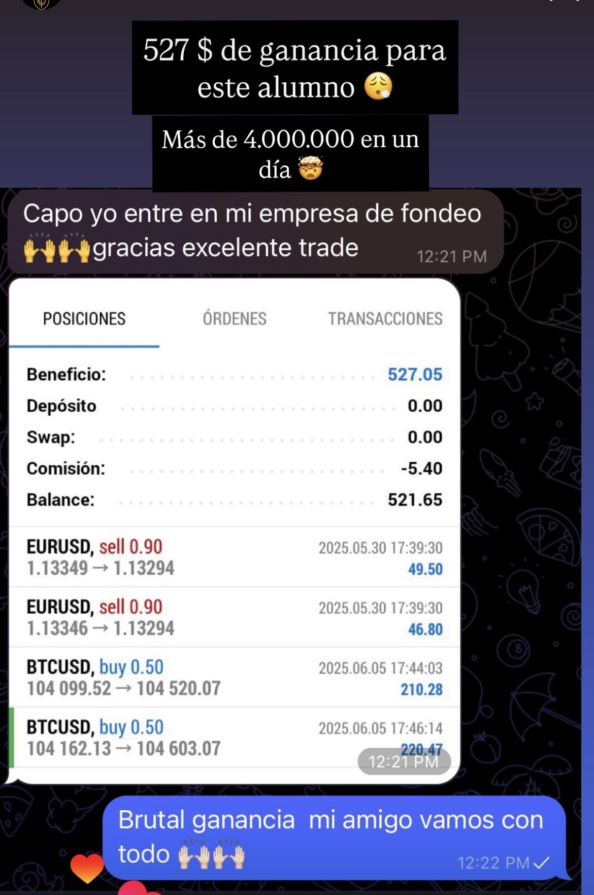 Captura original de resultado de 527,05 USD